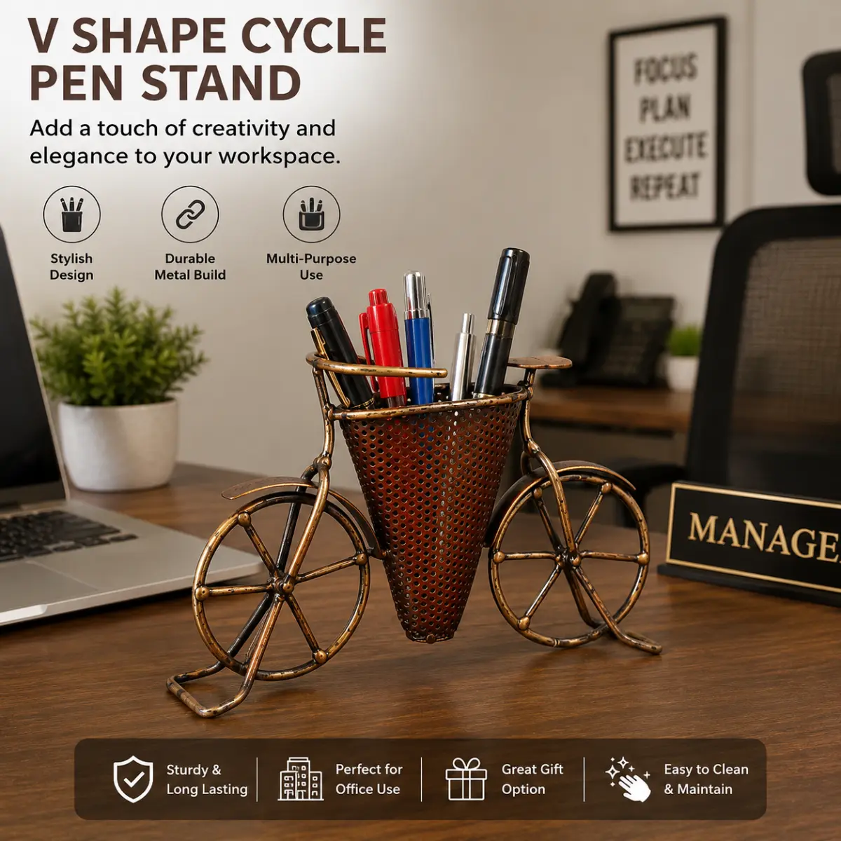 Modern V Shape Cycle Pen Stand for office desk stationery organization