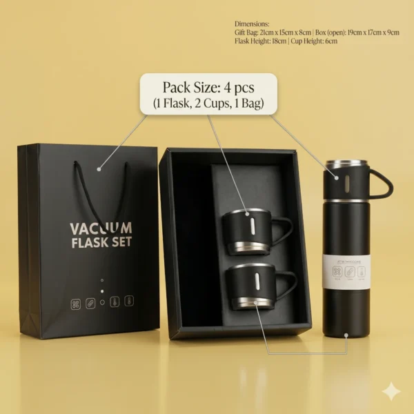 Stylish vacuum flask gift set with dimensions, cups, and carry bag.