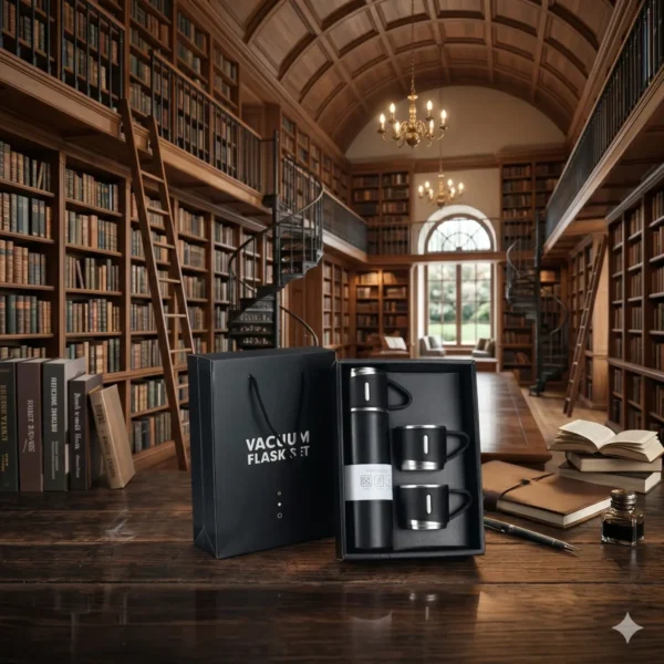Luxury insulated flask gift set displayed in sophisticated library environment.