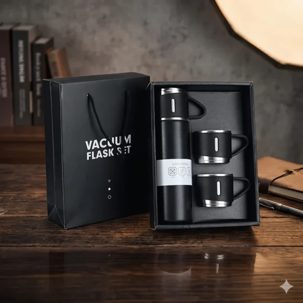 High-grade vacuum flask set with cups on professional office desk.