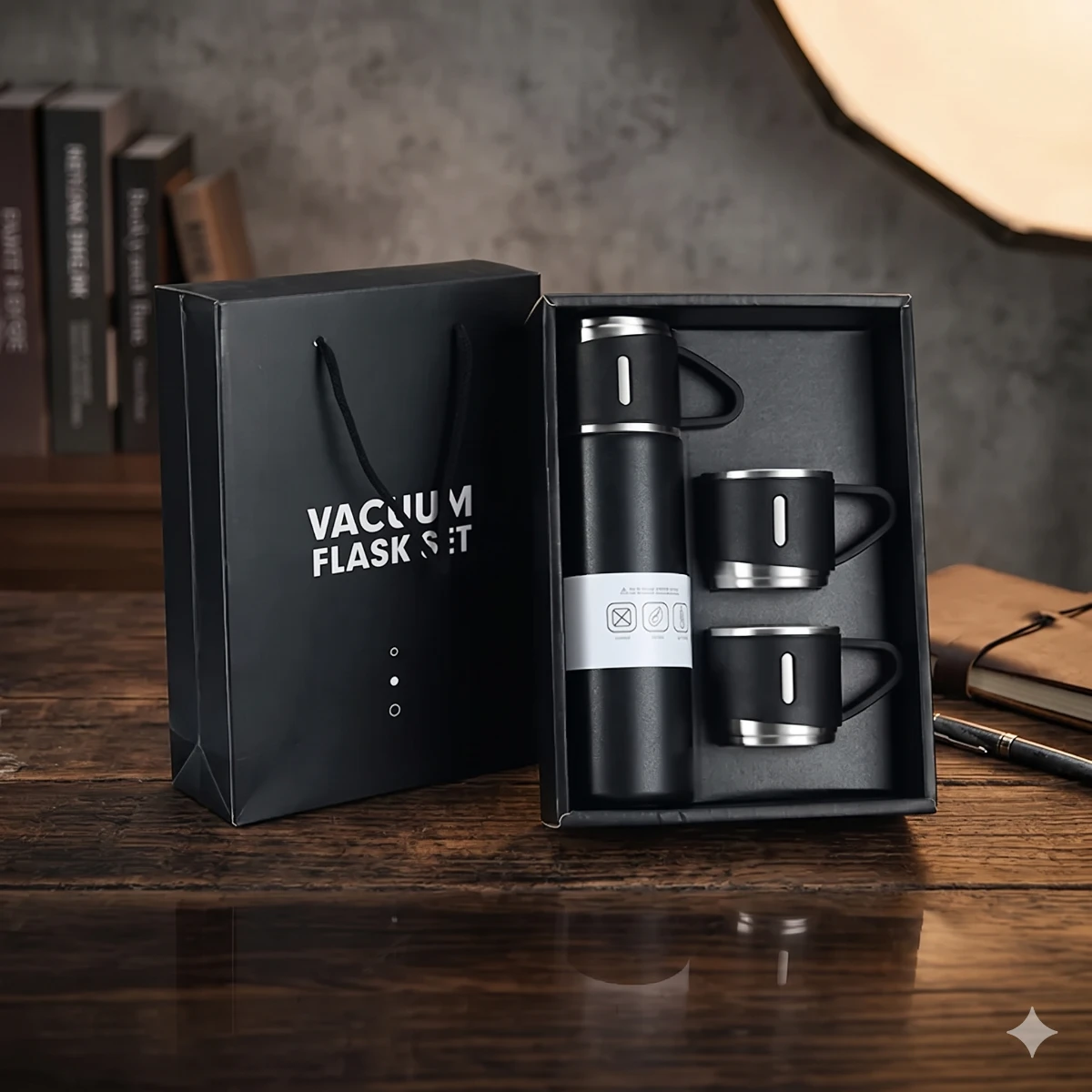 High-grade vacuum flask set with cups on professional office desk.