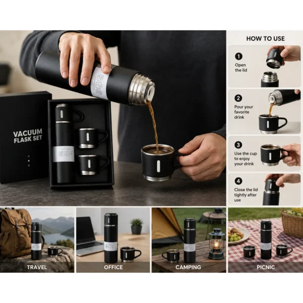 Best premium vacuum flask set with cups showing multiple product angle views.