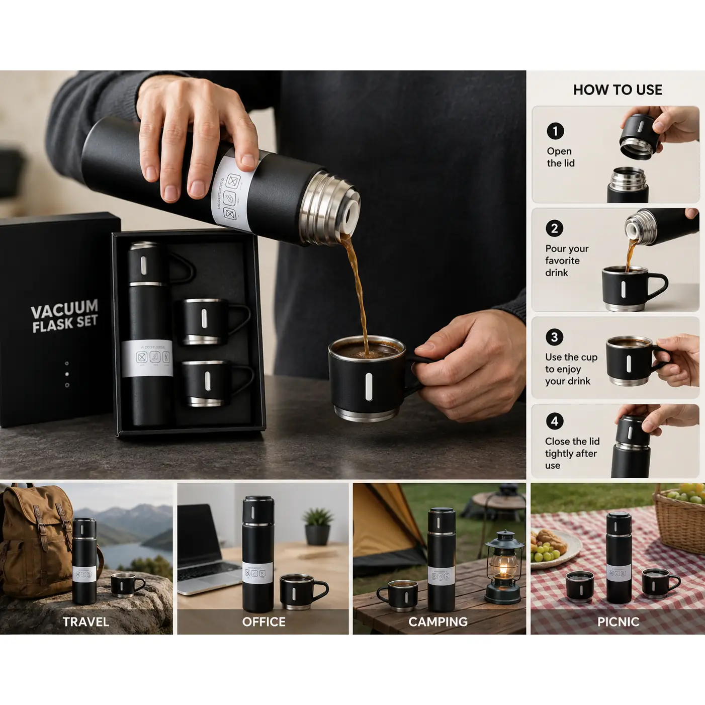 Best premium vacuum flask set with cups showing multiple product angle views.
