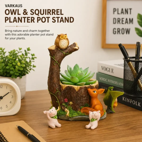 VARKAUS Owl and Squirrel planter pot with succulent plant for home décor