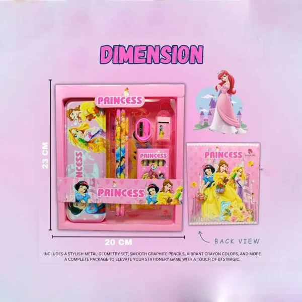 VARKAUS Disney Princess stationery kit dimensions infographic with princess notebook and stationery accessories