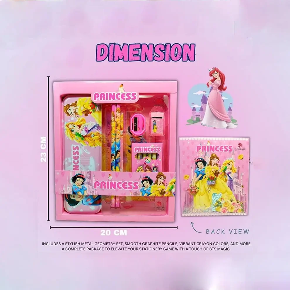 VARKAUS Disney Princess stationery kit dimensions infographic with princess notebook and stationery accessories
