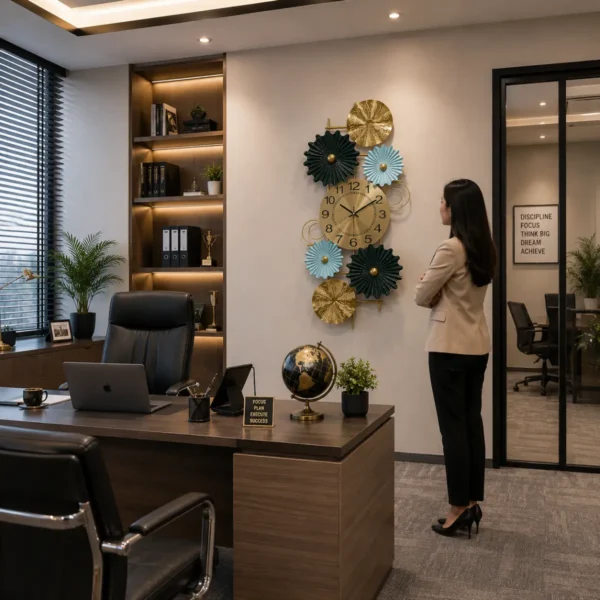 Modern decorative vertical iron wall clock installed on office wall in luxury workspace interior