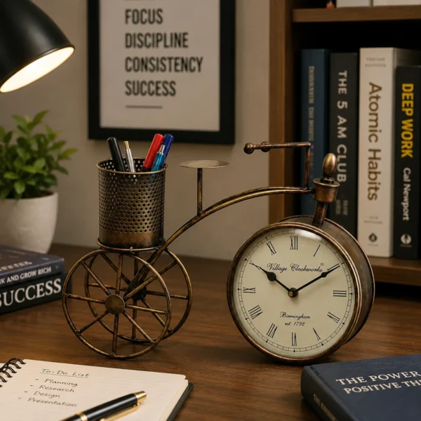 Vintage metal bicycle clock with pen holder
