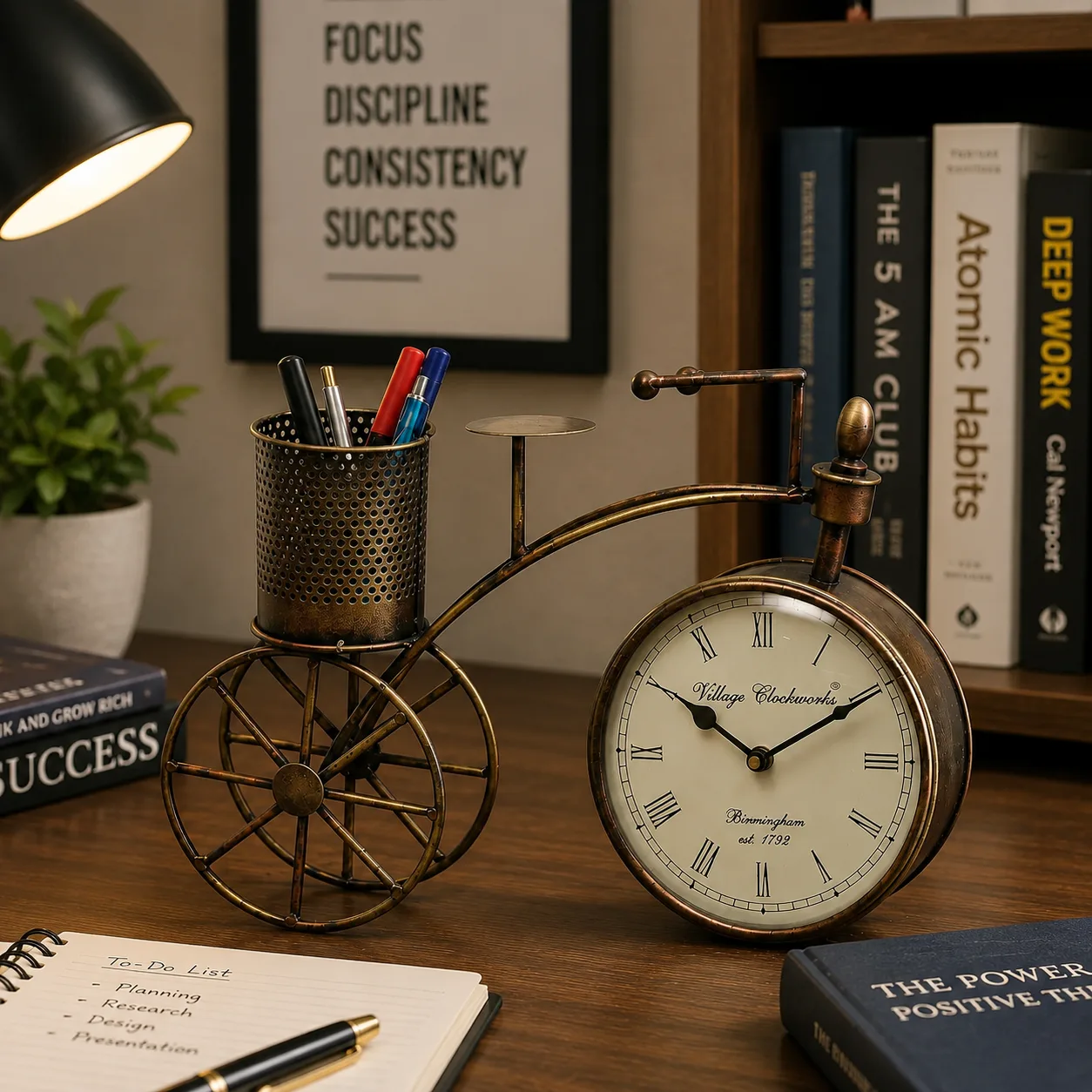 Vintage metal bicycle clock with pen holder