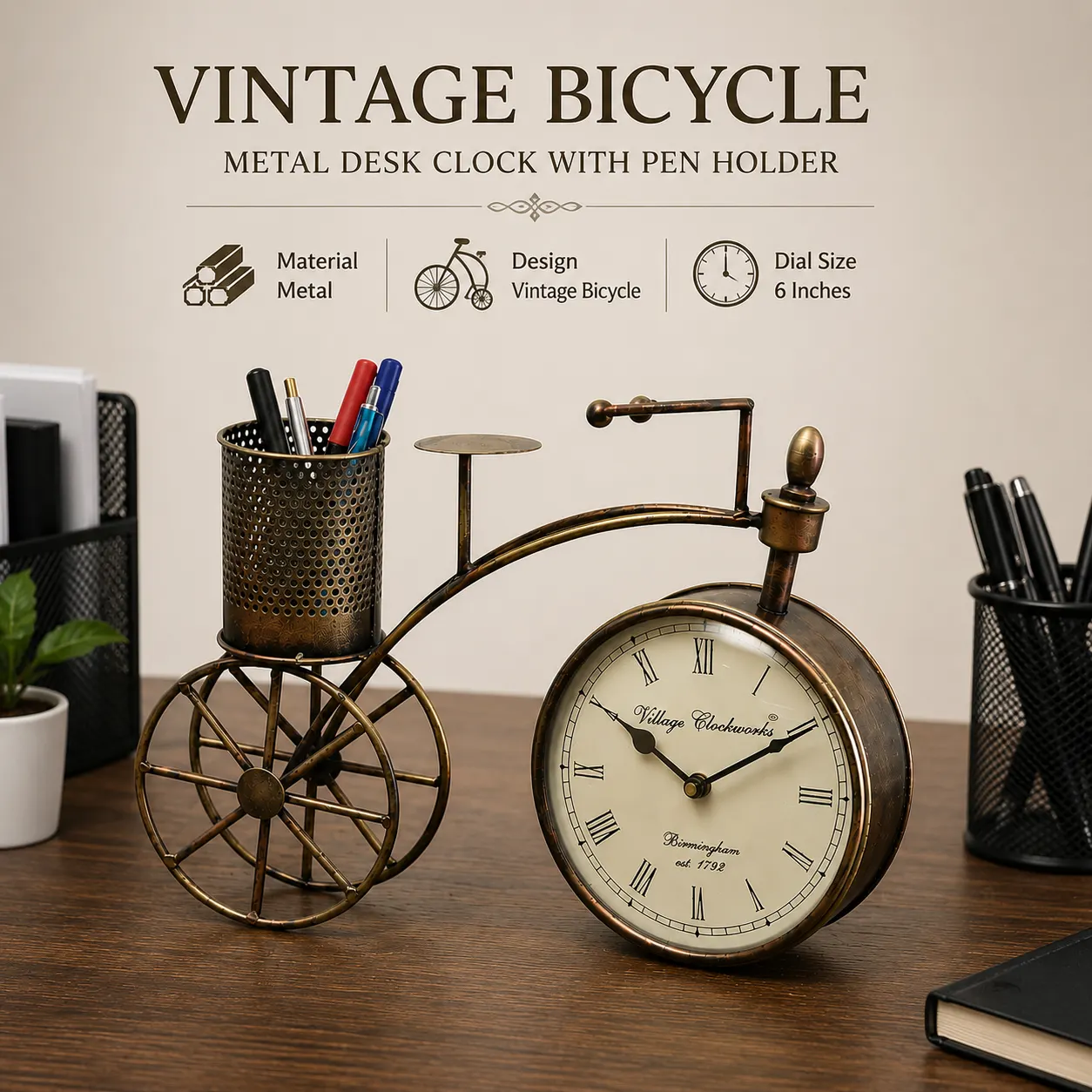 Metal cycle table clock with pen stand showing vintage bicycle design and 6-inch dial specifications