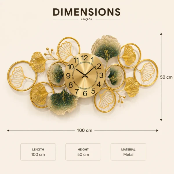 Wall Clock with Leaf Design dimensions 50 x 100 cm decorative metal clock