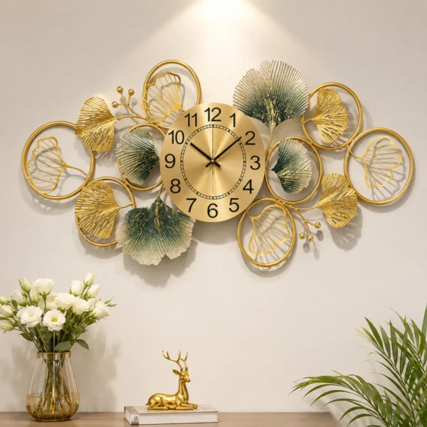 Wall Clock with Leaf Design luxury metal wall clock for living room décor