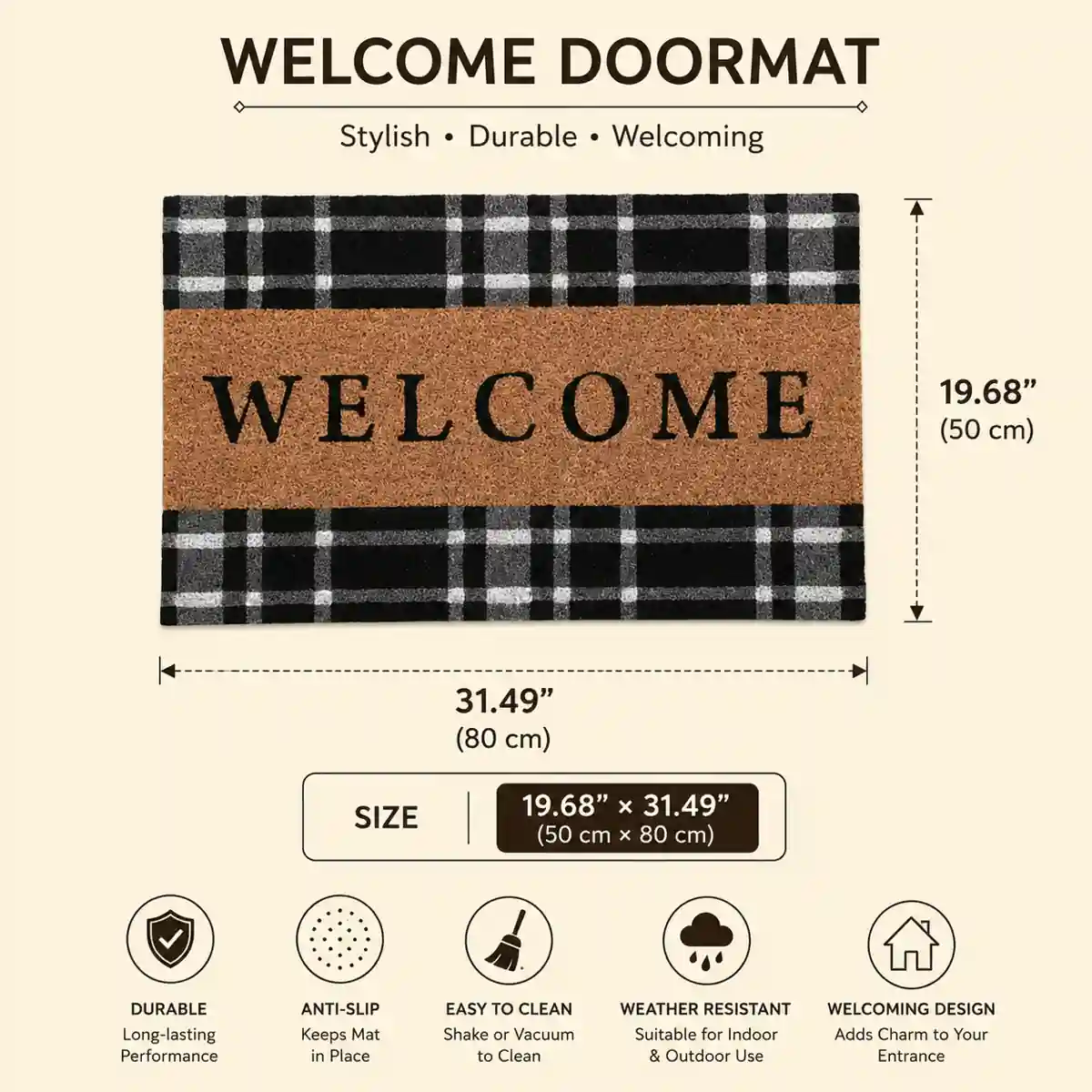 Welcome doormat with product dimensions