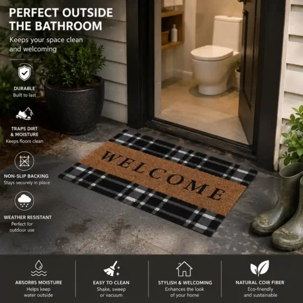 Welcome mat outside bathroom door