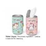 Cute unicorn tissue dispenser can with portable refillable wet wipes storage.