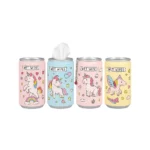 Adorable unicorn wet wipes cans in colorful pastel designs for kids.