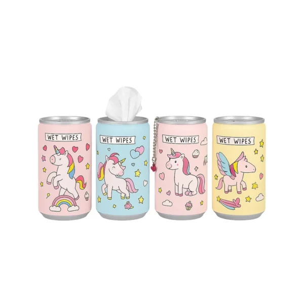 Adorable unicorn wet wipes cans in colorful pastel designs for kids.