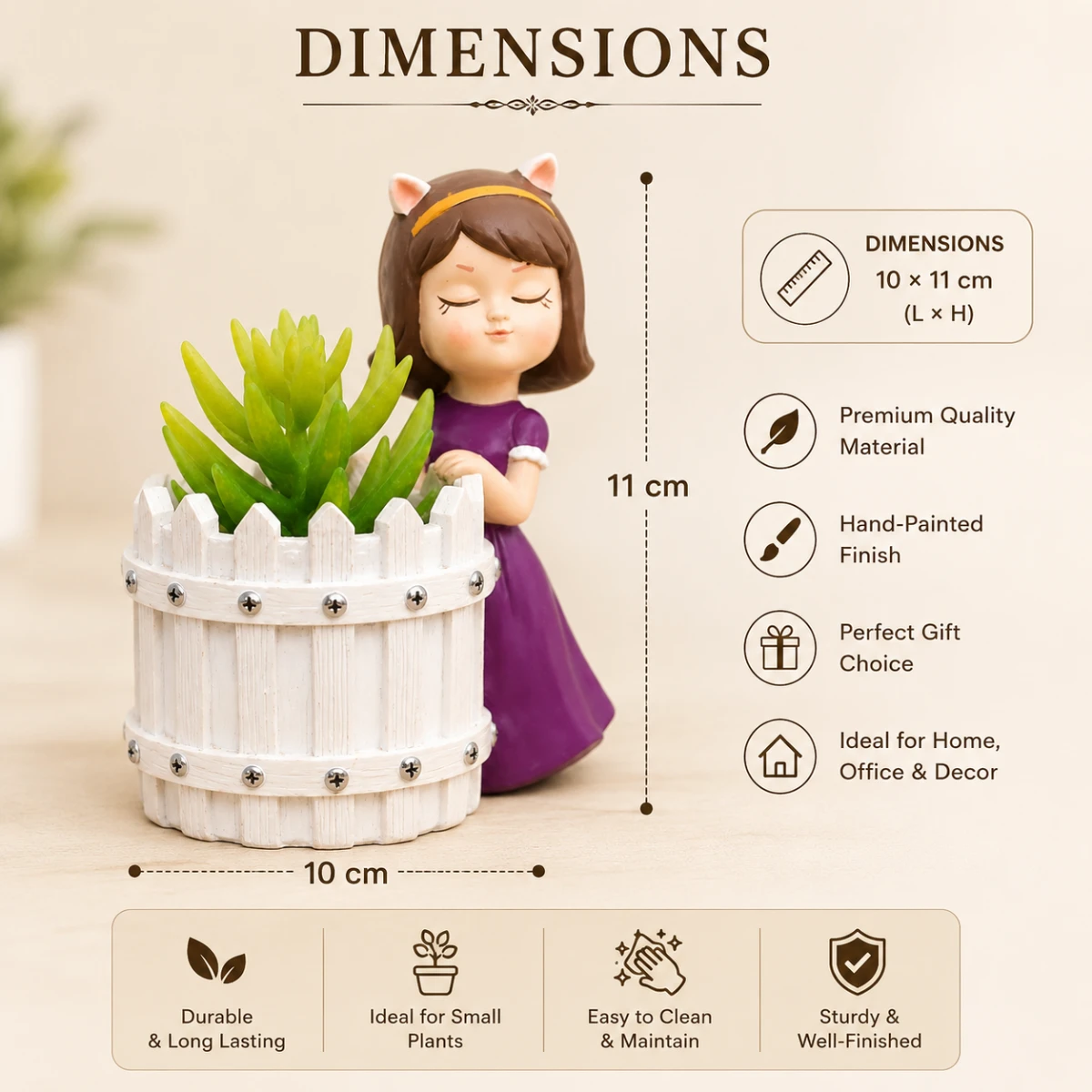 White Basket Girl Planter dimensions 10 x 11 cm resin planter