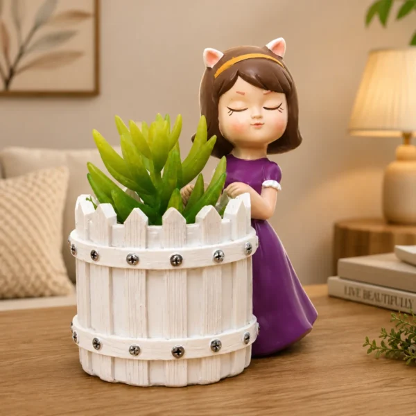 White Basket Girl Planter decorative resin planter with succulent plant