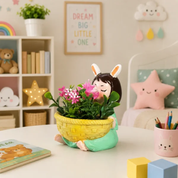 Yellow Basket Girl Planter cute resin planter for kids room décor