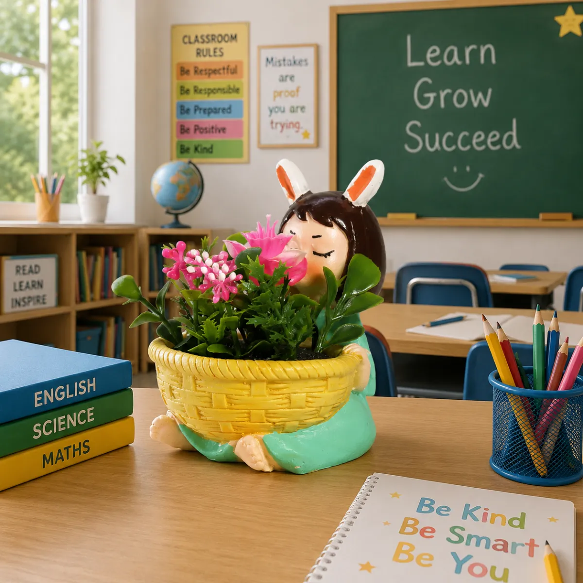 Yellow Basket Girl Planter decorative resin flower pot for school and study table