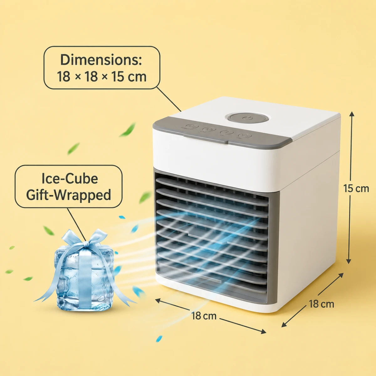 Compact desktop air cooler with dimensions display and efficient cooling performance.