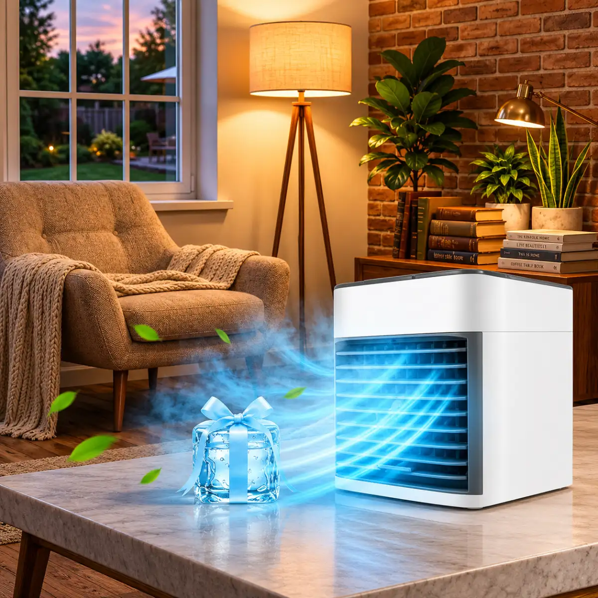 Elegant personal air cooler providing refreshing airflow in a cozy living room.