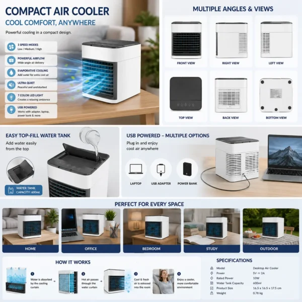 Advanced mini air cooler with multiple views, USB power, and water tank.