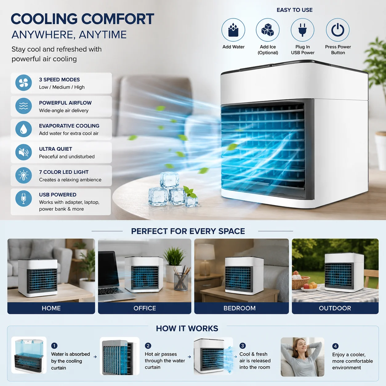 High-performance portable air cooler with powerful airflow and multi-space usability.