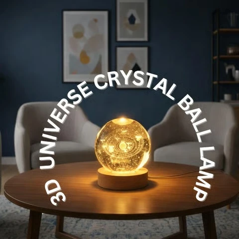 Elegant 3D universe crystal ball lamp with warm LED glow for décor.