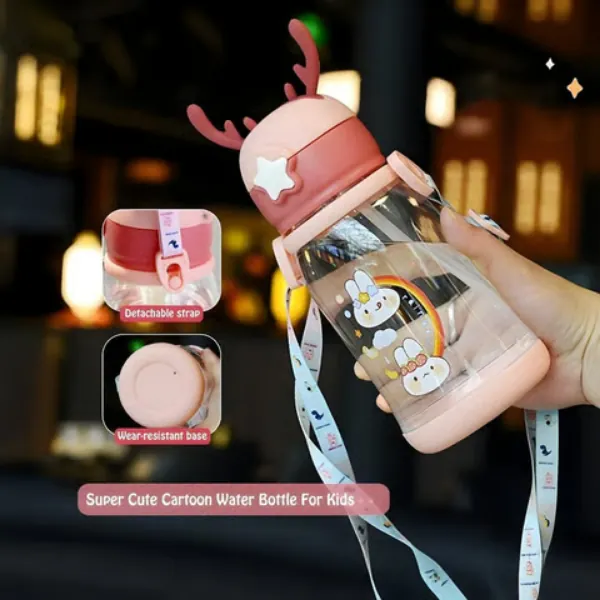 Cute cartoon kids water bottle with detachable strap and sturdy base.