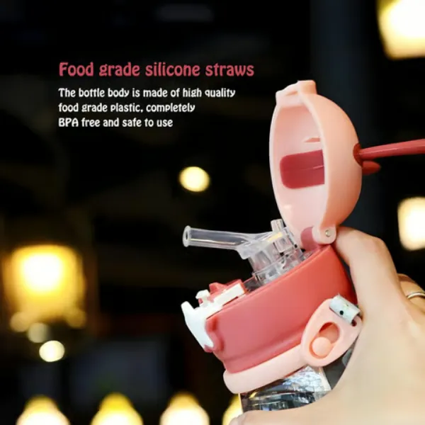 Safe kids water bottle with food-grade silicone straw and flip-top lid.