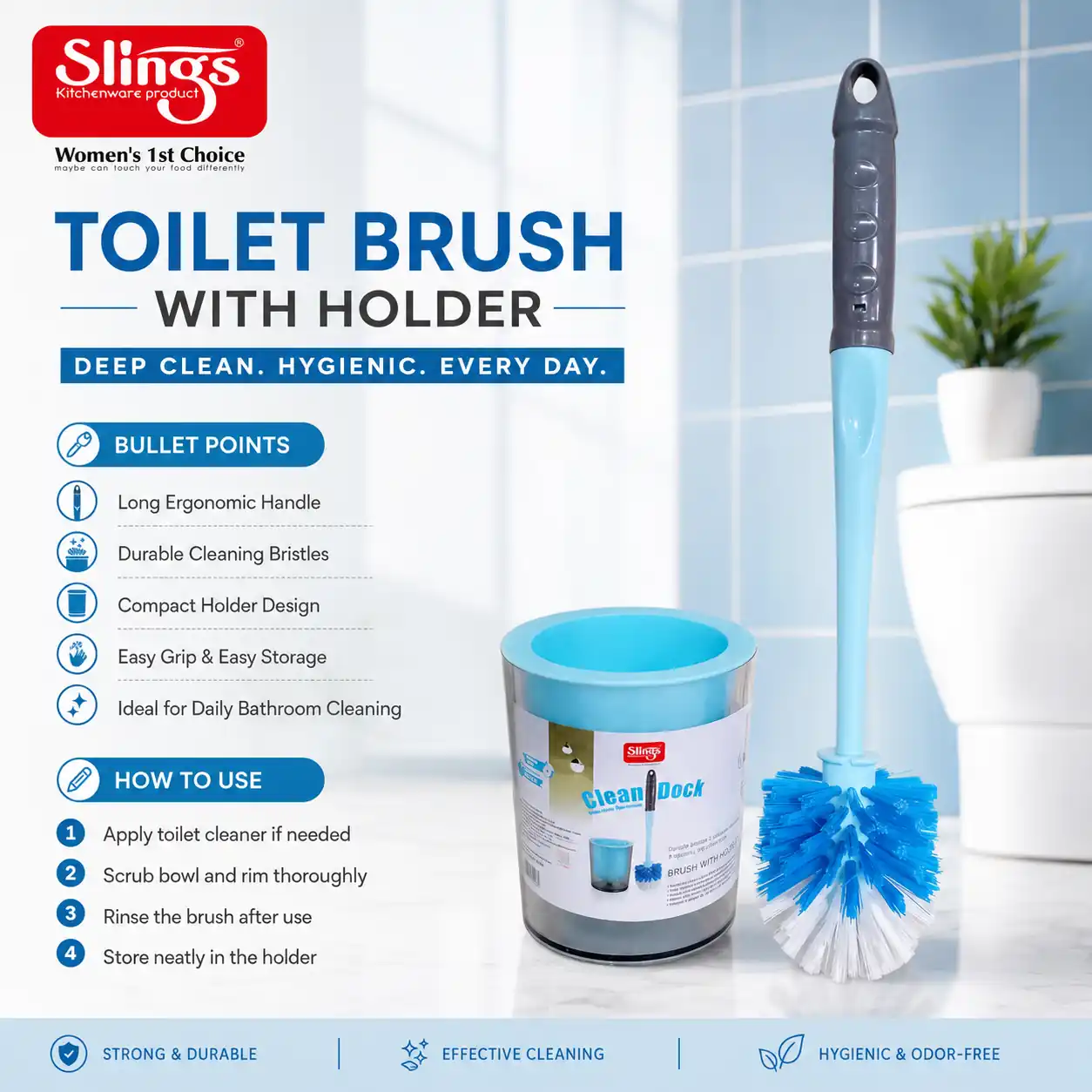 Durable toilet brush with holder feature guide