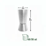 Compact stainless steel double-sided peg measurer with clear dimensions and capacity details.