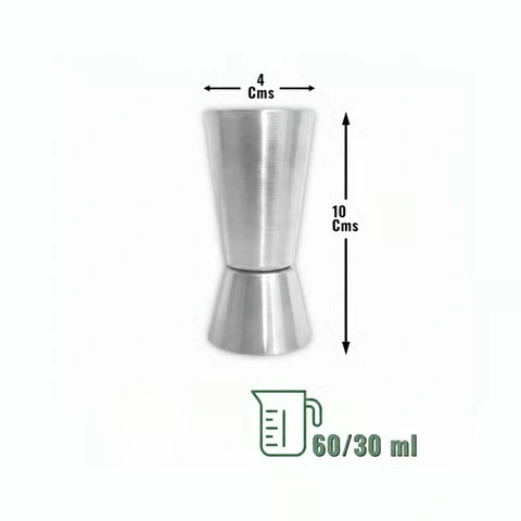 Compact stainless steel double-sided peg measurer with clear dimensions and capacity details.