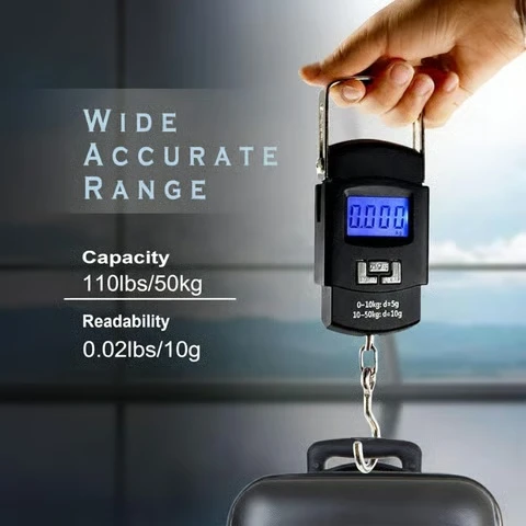 Heavy-duty digital luggage scale with 50kg capacity and highly accurate measurement system.