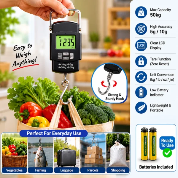 Versatile digital hanging scale for luggage, shopping bags, vegetables, fishing, and parcels.