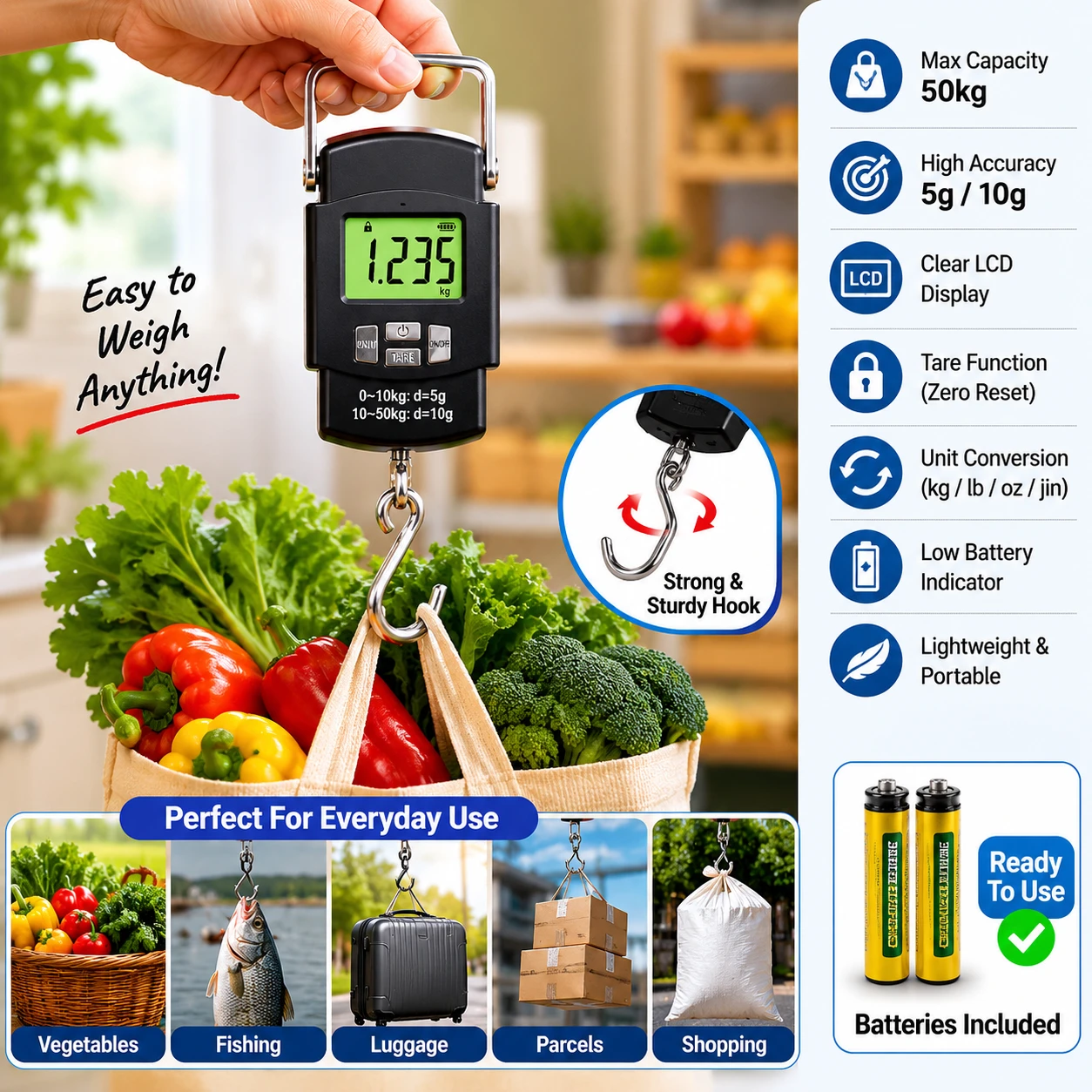 Versatile digital hanging scale for luggage, shopping bags, vegetables, fishing, and parcels.