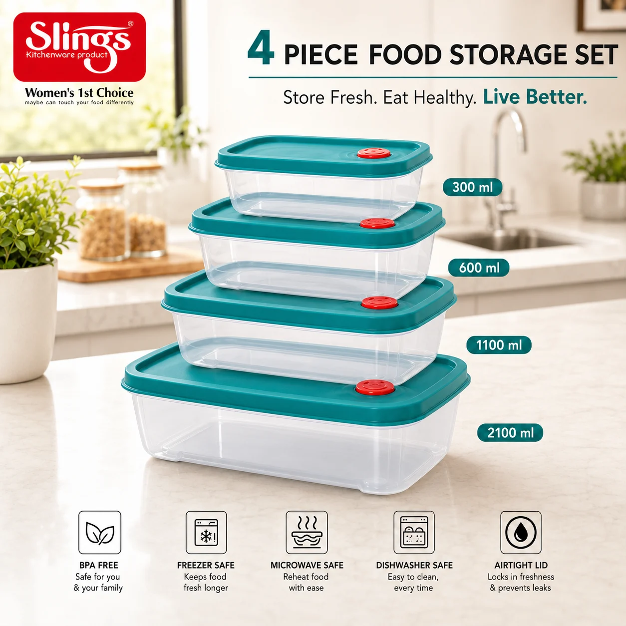 Premium 4-piece food container set with multiple capacities and airtight lids.