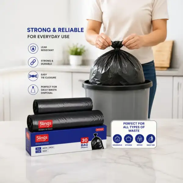 Durable black garbage bags with secure tie closure for household waste.