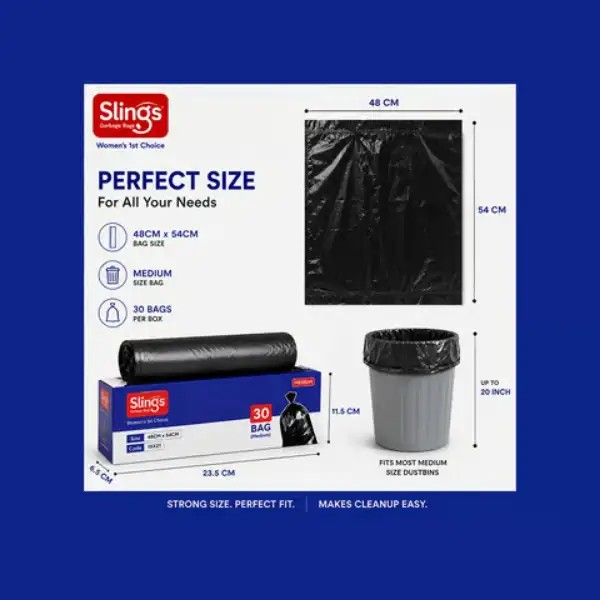 Medium-size garbage bags with 48 cm × 54 cm dimensions for dustbins.