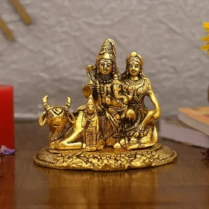 Decorative golden Shiv Parivar statue for pooja room and spiritual décor.