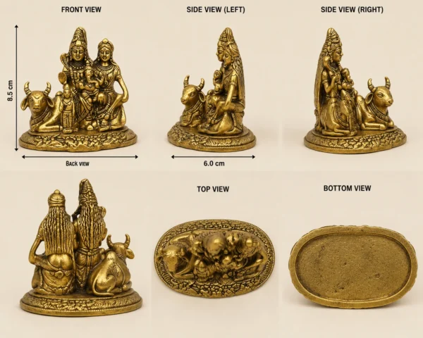 Detailed multi-angle views of premium Shiv Parivar brass idol sculpture.