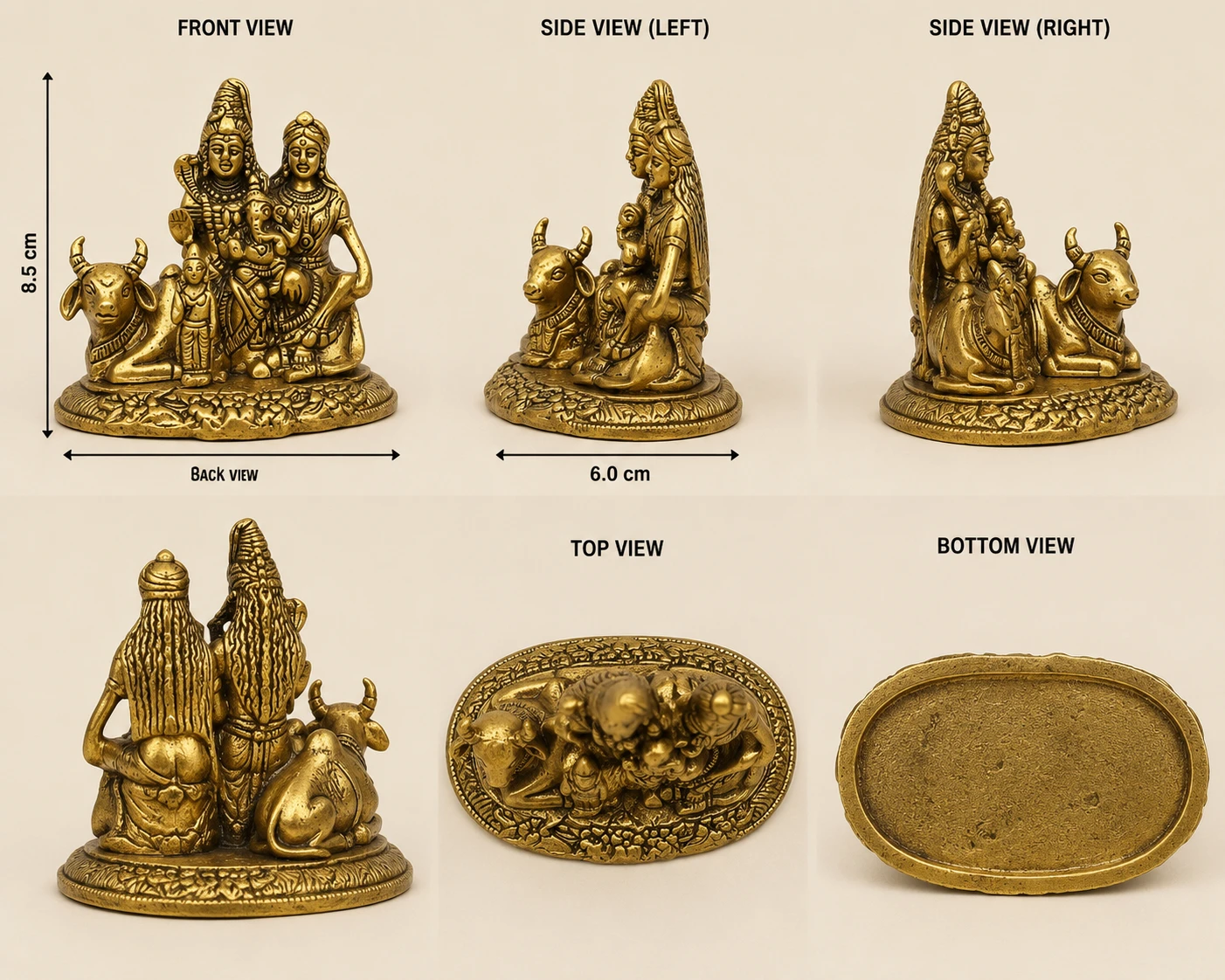 Detailed multi-angle views of premium Shiv Parivar brass idol sculpture.