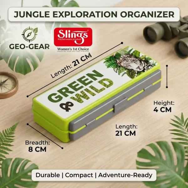 Compact Green & Wild pencil box with size dimensions displayed.