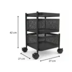 Premium 2-tier storage trolley with dimensions and smooth rolling wheels.