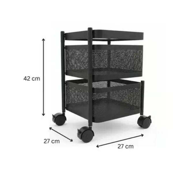 Premium 2-tier storage trolley with dimensions and smooth rolling wheels.