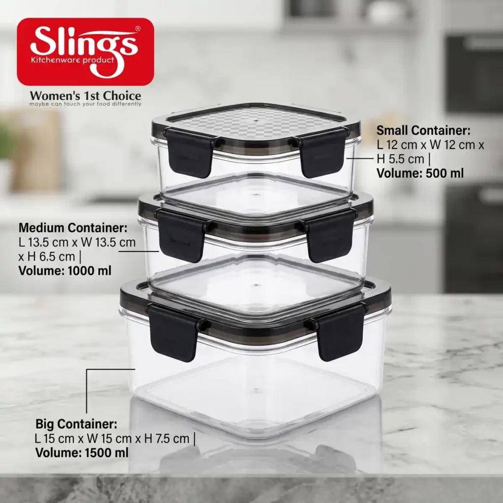 Heavy-duty airtight container set showing sizes and storage capacities clearly.