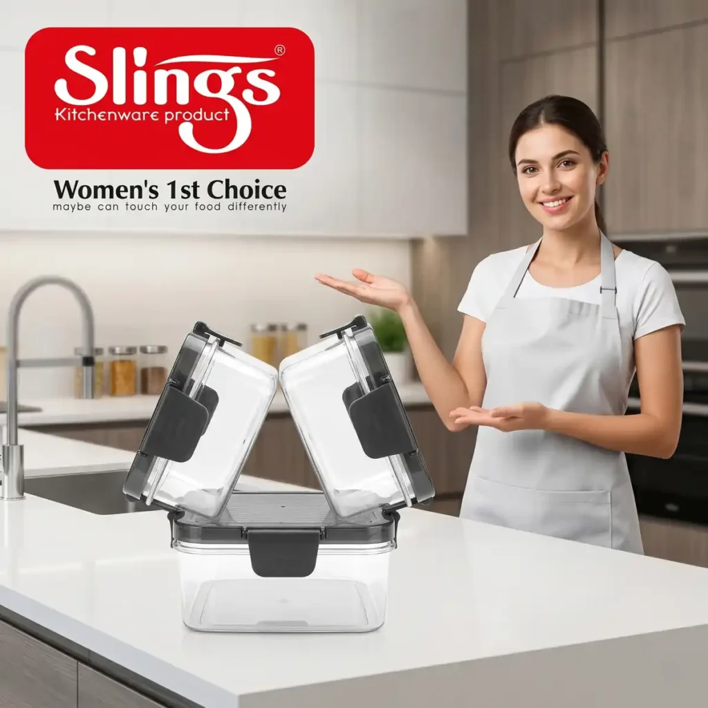 Quality airtight container set displayed by woman in stylish modern kitchen.