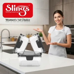 Quality airtight container set displayed by woman in stylish modern kitchen.